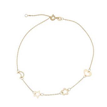 Au Naturale 14k Gold Heart, Flower, Star, Moon Charms Station Anklet