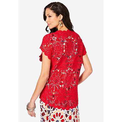 Roaman's Women's Plus Size Plus Size Scallop Trim Crochet Cardigan Sweater