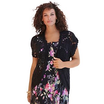 Roaman's Women's Plus Size Plus Size Scallop Trim Crochet Cardigan Sweater