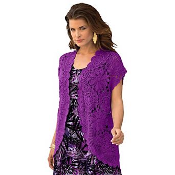 Roaman's Women's Plus Size Plus Size Scallop Trim Crochet Cardigan Sweater