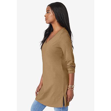 Roaman's Women's Plus Size Cotton Ultimate Long Sleeve V-Neck Tunic