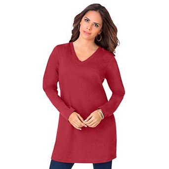Roaman's Women's Plus Size Plus Size Cotton Ultimate Long Sleeve V-Neck Tunic