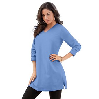 Roaman's Women's Plus Size Cotton Ultimate Long Sleeve V-Neck Tunic
