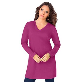 Roaman's Women's Plus Size Plus Size Cotton Ultimate Long Sleeve V-Neck Tunic
