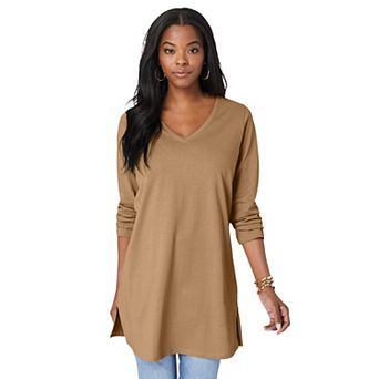 Roaman's Women's Plus Size Cotton Ultimate Long Sleeve V-Neck Tunic