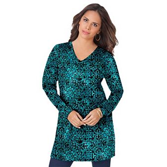 Roaman's Women's Plus Size Plus Size Cotton Ultimate Long Sleeve V-Neck Tunic