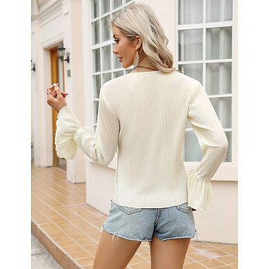 Women's Deep V Neck Button Front Split Slit Short Bell Sleeve Elegant Blouse Y2k Tops Shirt