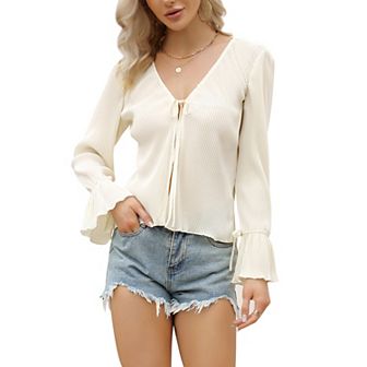 Women's Deep V Neck Button Front Split Slit Short Bell Sleeve Elegant Blouse Y2k Tops Shirt