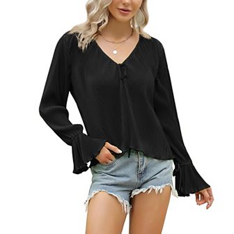 Women's Deep V Neck Button Front Split Slit Short Bell Sleeve Elegant Blouse Y2k Tops Shirt