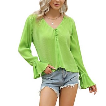 Women's Deep V Neck Button Front Split Slit Short Bell Sleeve Elegant Blouse Y2k Tops Shirt