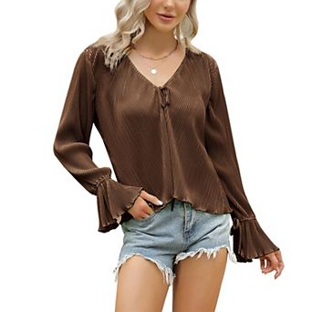 Women's Deep V Neck Button Front Split Slit Short Bell Sleeve Elegant Blouse Y2k Tops Shirt