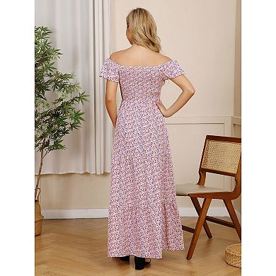 Women's Casual Off Shoulder Maternity Dress Flowy Short Sleeve Maxi Dresses
