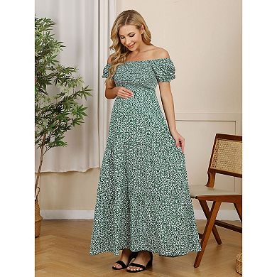 Women's Casual Off Shoulder Maternity Dress Flowy Short Sleeve Maxi Dresses