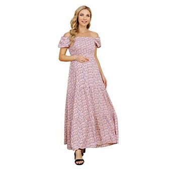 Women's Casual Off Shoulder Maternity Dress Flowy Short Sleeve Maxi Dresses