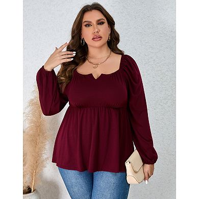 Women Plus Size Shirts Notched Neck Long Sleeve Blouse Casual Tops