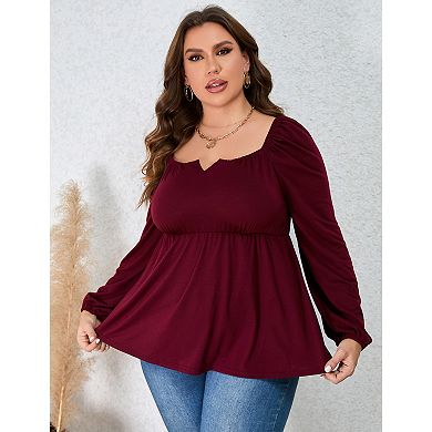 Women Plus Size Shirts Notched Neck Long Sleeve Blouse Casual Tops