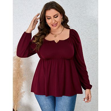 Women Plus Size Shirts Notched Neck Long Sleeve Blouse Casual Tops