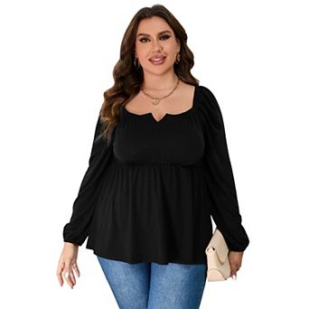 Women Plus Size Shirts Notched Neck Long Sleeve Blouse Casual Tops
