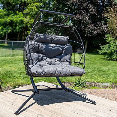 Sunnydaze Polyrattan Andrei Double Egg Chair With Stand And Cushion