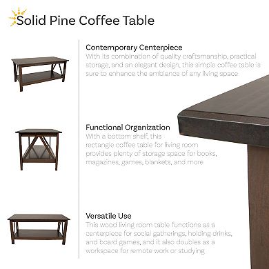 Sunnydaze Solid Pine Coffee Table With Shelf - Dark Brown - 43.5 In