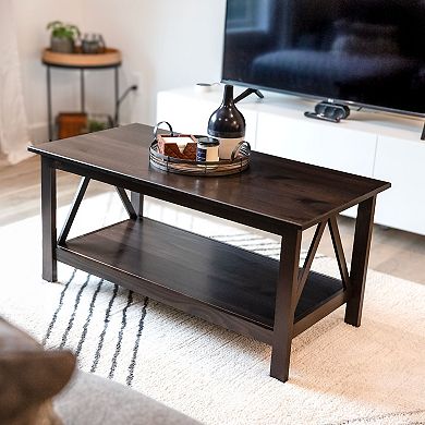 Sunnydaze Solid Pine Coffee Table With Shelf - Dark Brown - 43.5 In