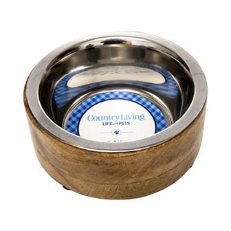 Country Living Stainless Steel Dog Bowl with Cylindrical Mango Wood Holder (1 qt)