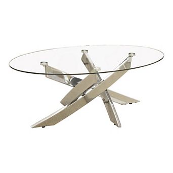Oval Shape Glass Top Coffee Table With Criss Cross Base, Silver And Clear