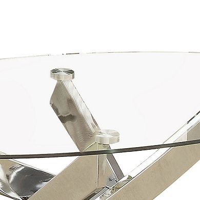 Oval Shape Glass Top Coffee Table With Criss Cross Base, Silver And Clear