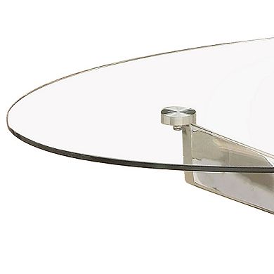 Oval Shape Glass Top Coffee Table With Criss Cross Base, Silver And Clear