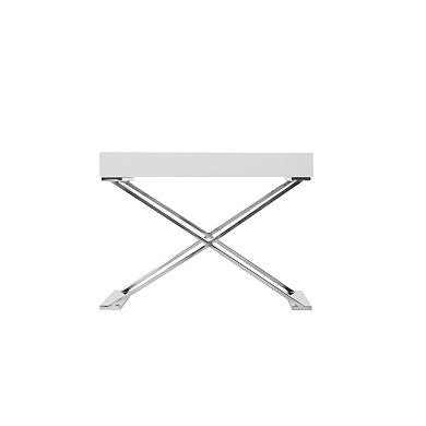 Rix 21 Inch Side End Table, 1 Drawer, X Shape Steel Legs, White Wood Top