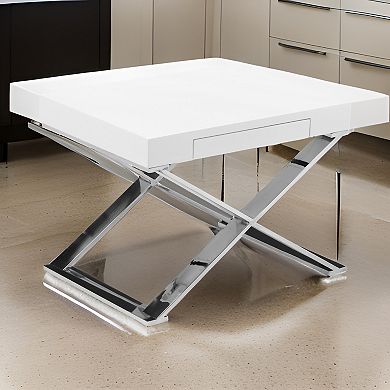 Rix 21 Inch Side End Table, 1 Drawer, X Shape Steel Legs, White Wood Top