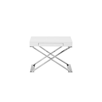 Rix 21 Inch Side End Table, 1 Drawer, X Shape Steel Legs, White Wood Top