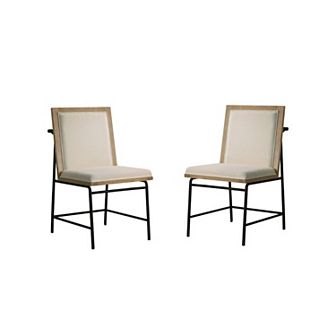 Tory 25 Inch Dining Chair Set Of 2, Cream Fabric, Brown Wood, Black Metal