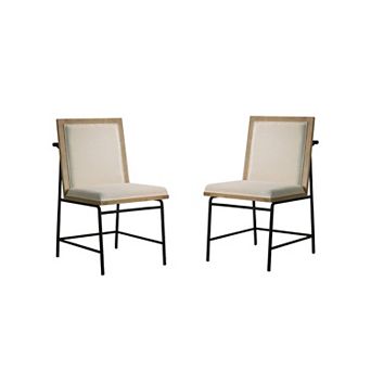 Tory 25 Inch Dining Chair Set Of 2, Cream Fabric, Brown Wood, Black Metal