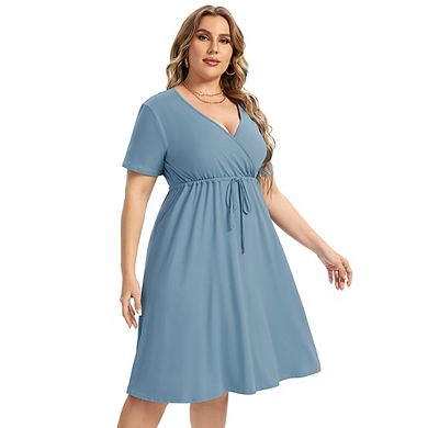 Plus Size Dress For Women, Spring Casual Midi Dress With Pocket And Sleeve