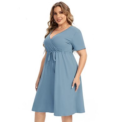 Plus Size Dress For Women, Spring Casual Midi Dress With Pocket And Sleeve