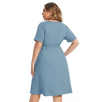 Plus Size Dress For Women, Spring Casual Midi Dress With Pocket And Sleeve