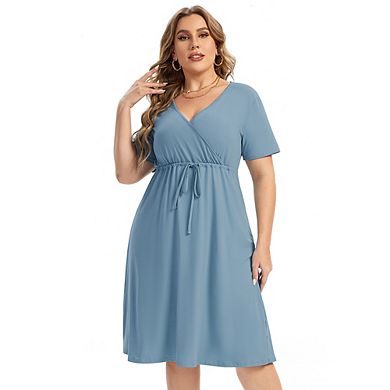 Plus Size Dress For Women, Spring Casual Midi Dress With Pocket And Sleeve