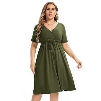 Plus Size Dress For Women, Spring Casual Midi Dress With Pocket And Sleeve