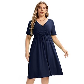 Plus Size Dress For Women, Spring Casual Midi Dress With Pocket And Sleeve