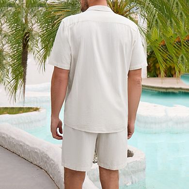 Men 2 Piece Set Short Sleeve Button Down Shirt And Drawstring Short Set Casual Summer Beach Outfit.