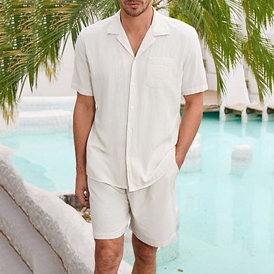 Men 2 Piece Set Short Sleeve Button Down Shirt And Drawstring Short Set Casual Summer Beach Outfit.