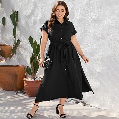 Plus Size Maxi Dresses For Women Summer Tie Belt Work Polo Dress Business Casual Button Down Dress