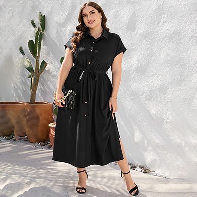 Plus Size Maxi Dresses For Women Summer Tie Belt Work Polo Dress Business Casual Button Down Dress