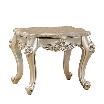 Marble Top End Table With Flower Motif Engraved Angular Wood Feet