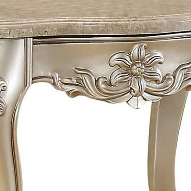 Marble Top End Table With Flower Motif Engraved Angular Wood Feet
