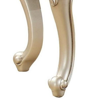 Marble Top End Table With Flower Motif Engraved Angular Wood Feet