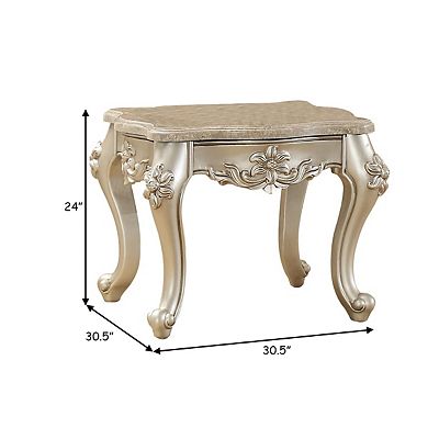 Marble Top End Table With Flower Motif Engraved Angular Wood Feet