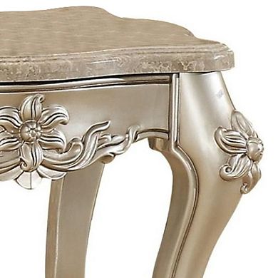 Marble Top End Table With Flower Motif Engraved Angular Wood Feet