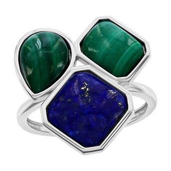 Nautica Rocks Sterling Silver Multi-Shaped Malachite and Lapis Ring
